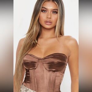 Pretty Little Thing Chocolate Satin Corset Zip Back NWT SZ.8